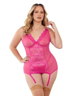 Escante Plus Size Sweet Dreams Hot-Pink Lace And Mesh Bustier Set With Stockings