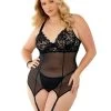 Escante Plus Size All Yours Black Lace And Mesh Bustier Set With Stockings