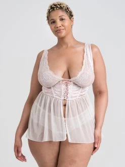 Lovehoney Plus Size Vintage Romance Sheer Ivory Lace Babydoll And Corset Set