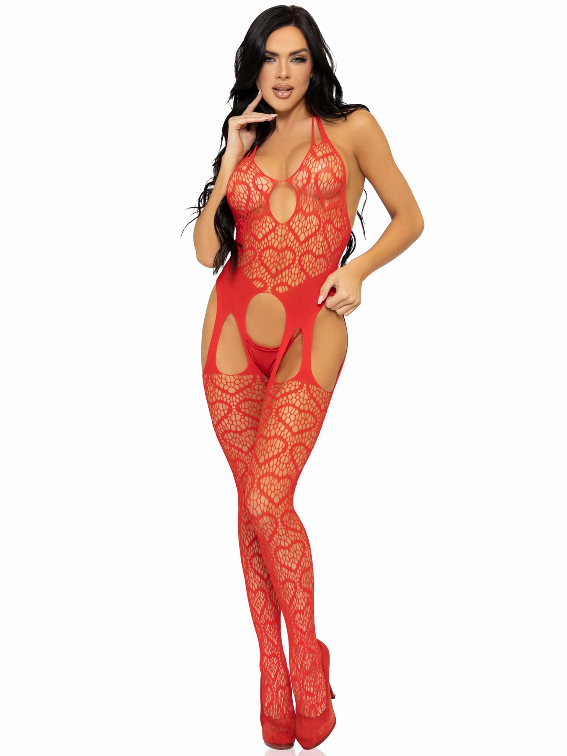 Leg Avenue Red Heart Crotchless Net Garter Bodystocking 3 Leg Avenue Red Heart Crotchless Net Garter Bodystocking