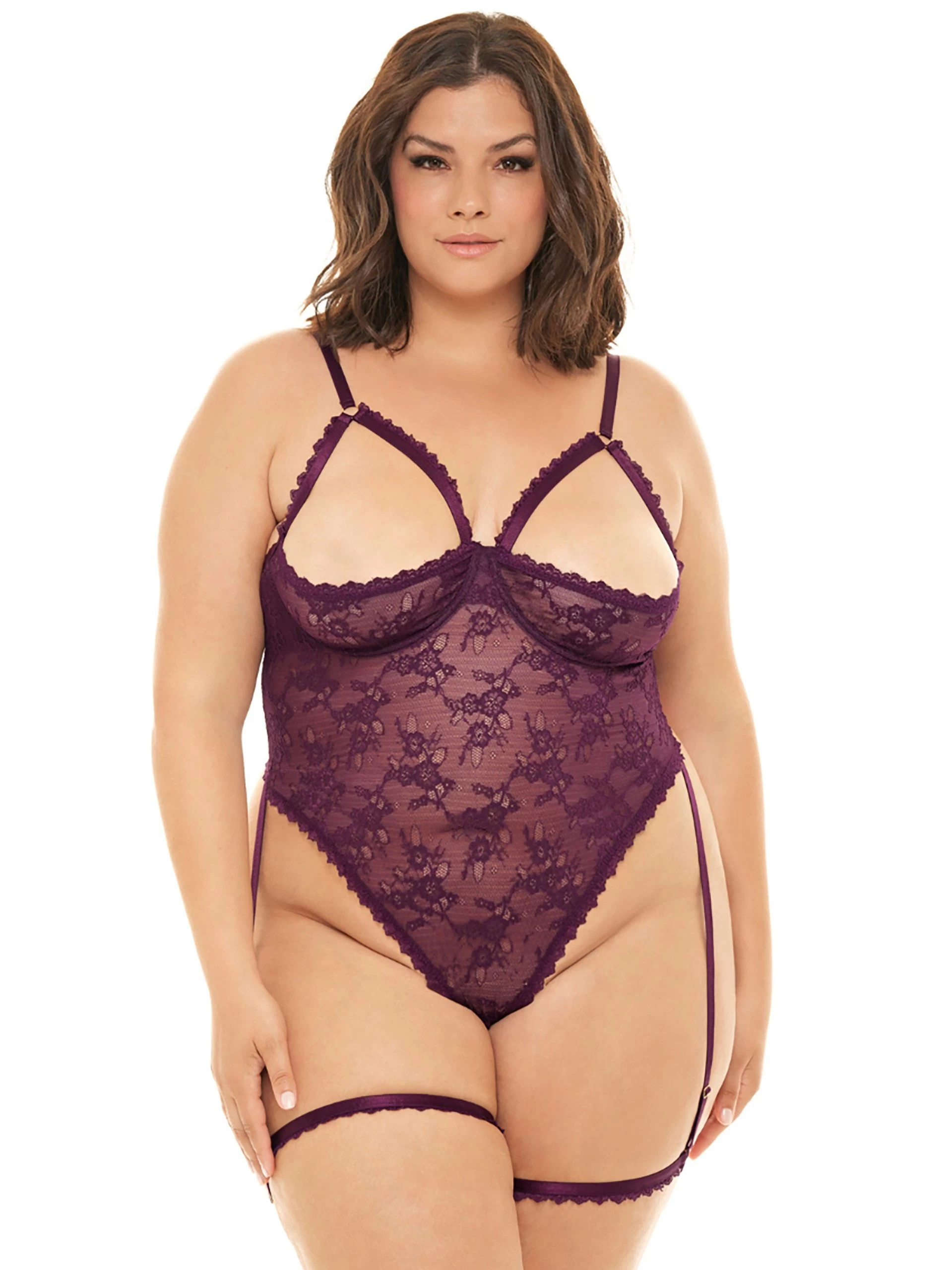 Oh La La Cheri Elayne Purple Open-Cup Crotchless Lace Teddy With Garter Straps 4 Oh La La Cheri Elayne Purple Open-Cup Crotchless Lace Teddy With Garter Straps - Image 2