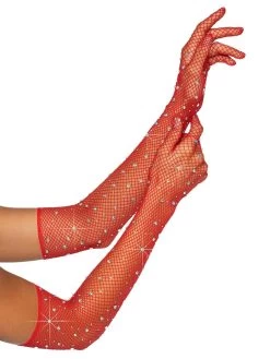 Leg Avenue Red Fishnet Rhinestone Gloves