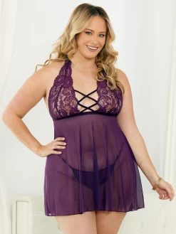 Escante Plus Size Purple Lace And Mesh Criss-Cross Babydoll Set