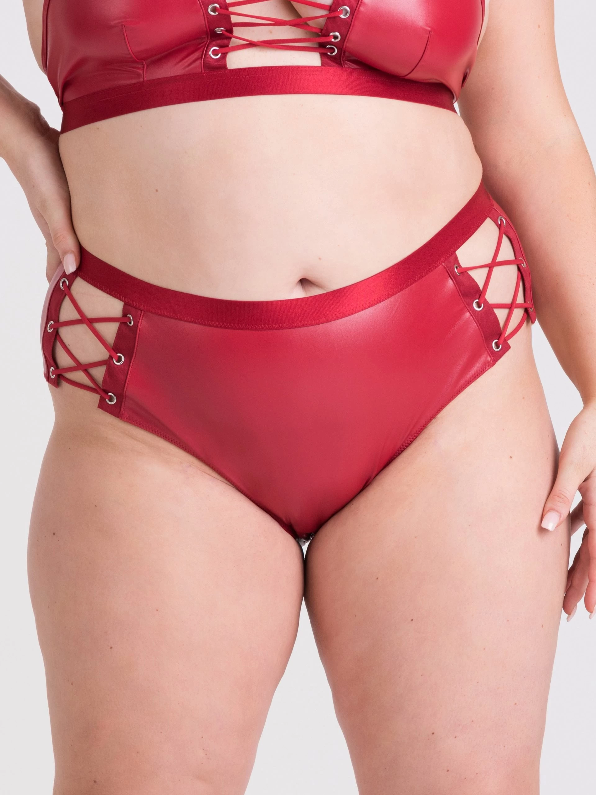 Lovehoney Plus Size Fierce Leather Look Lace-Up Open-Back Red Crotchless Knickers 3 Lovehoney Plus Size Fierce Leather Look Lace-Up Open-Back Red Crotchless Knickers