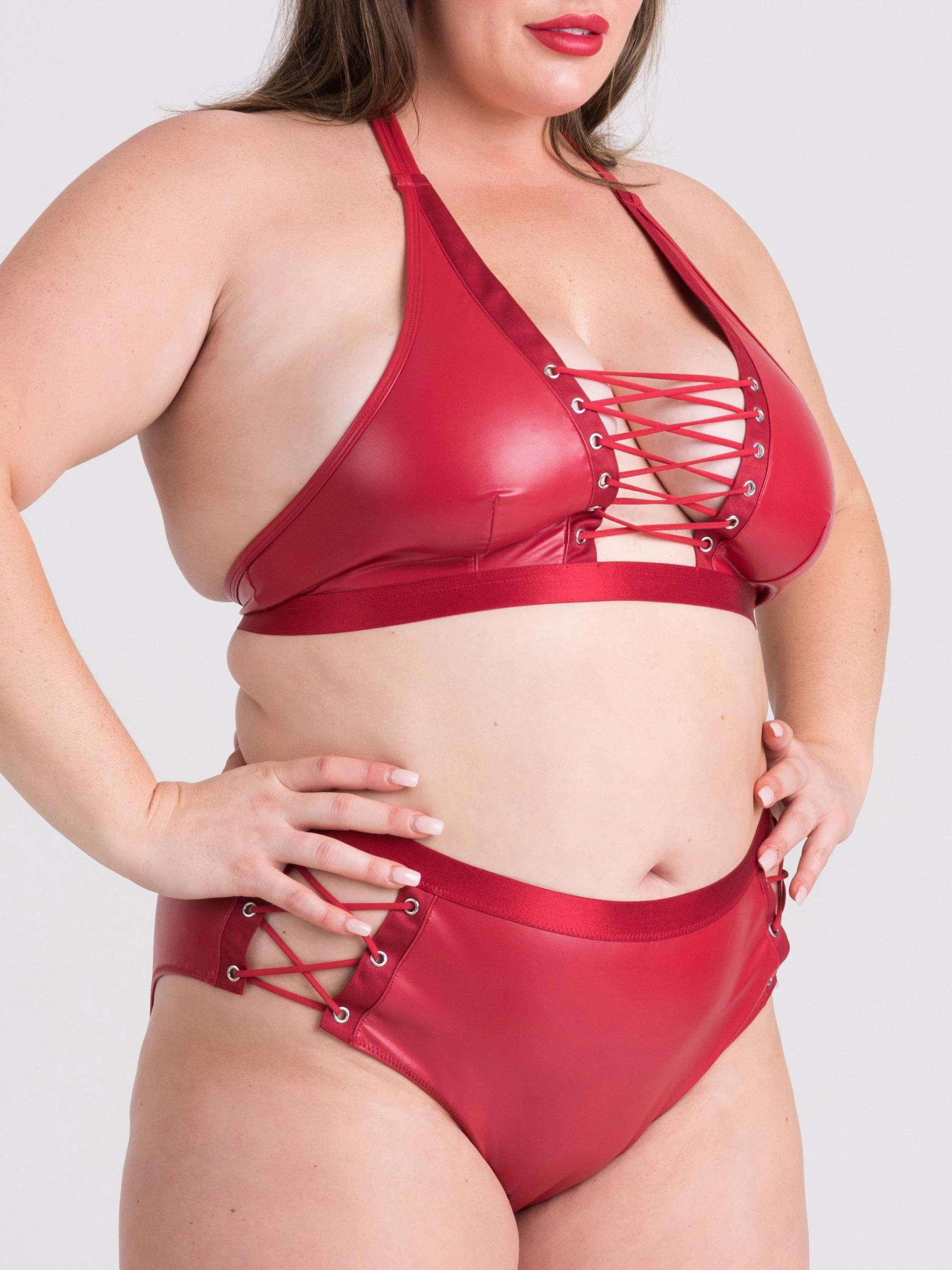 Lovehoney Plus Size Fierce Leather Look Lace-Up Open-Back Red Crotchless Knickers 6 Lovehoney Plus Size Fierce Leather Look Lace-Up Open-Back Red Crotchless Knickers - Image 4