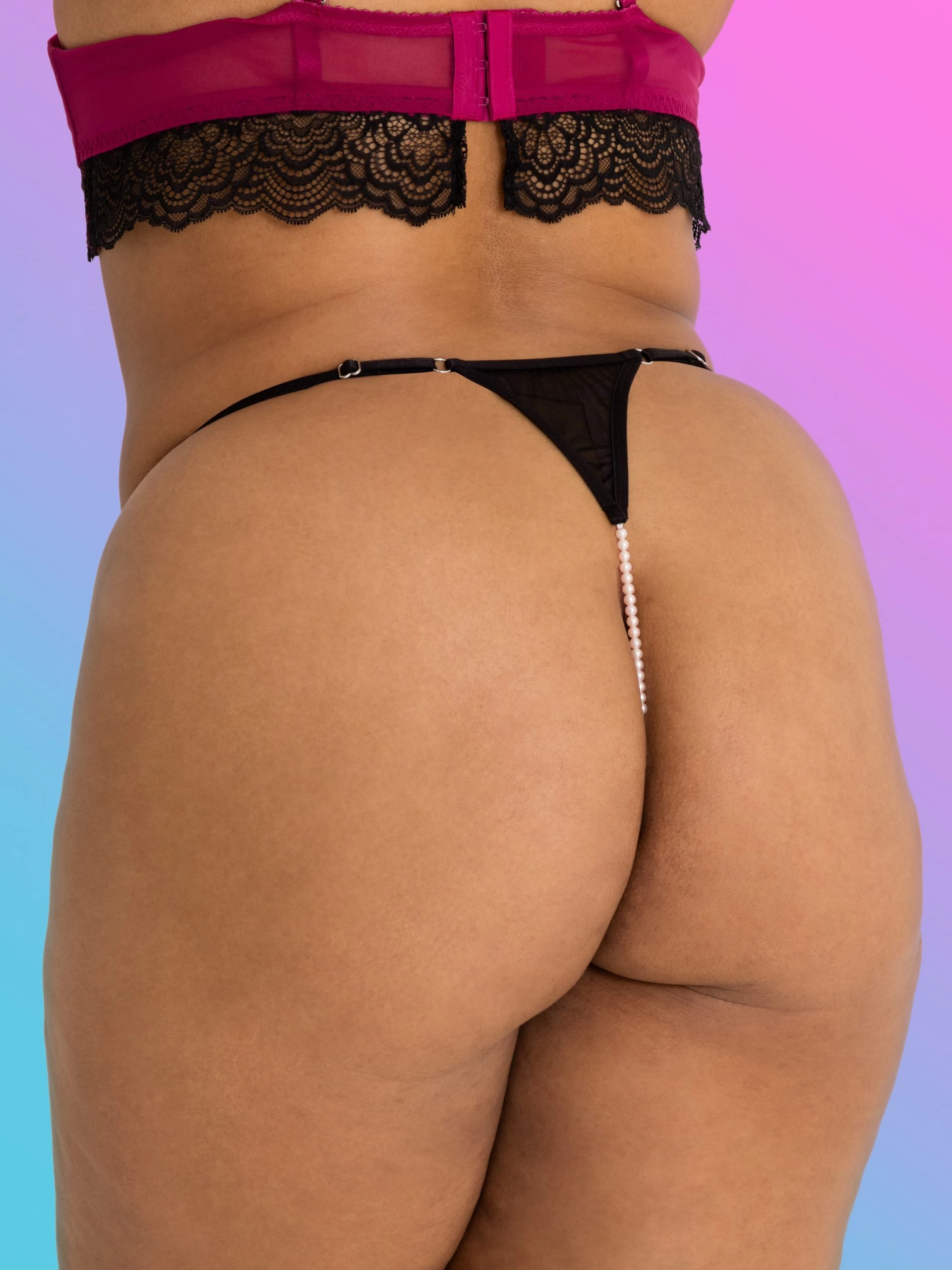 Lovehoney Plus Size Satin Romance Black Lace Pearl Thong 4 Lovehoney Plus Size Satin Romance Black Lace Pearl Thong - Image 2