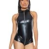 Coquette Black Zip Front Wet Look Teddy With Metal Ring Details