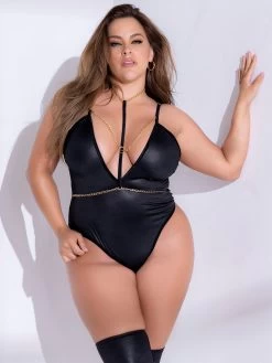Mapale Plus Size Black Wet Look Teddy With Detachable Chain Cuffs